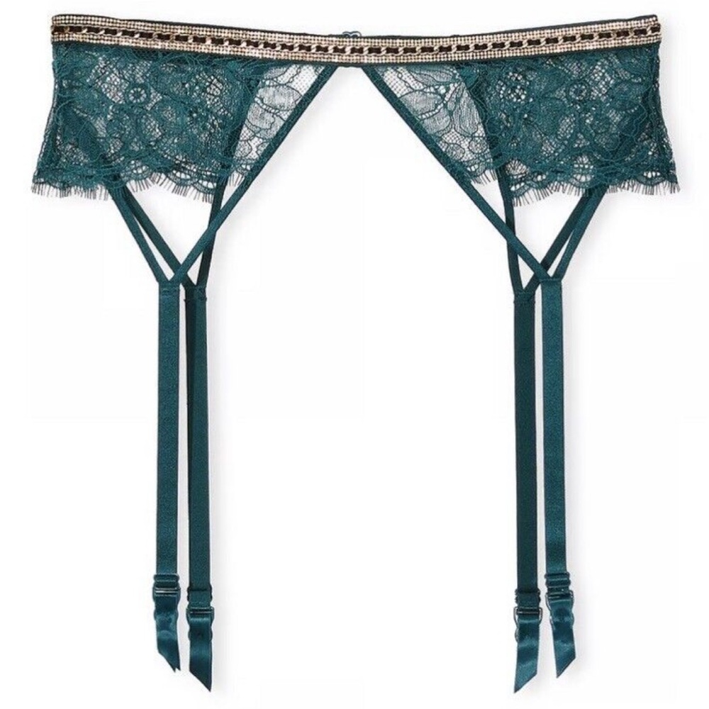 Victoria Secret ivy green lace gold chain garter belt.  M/L